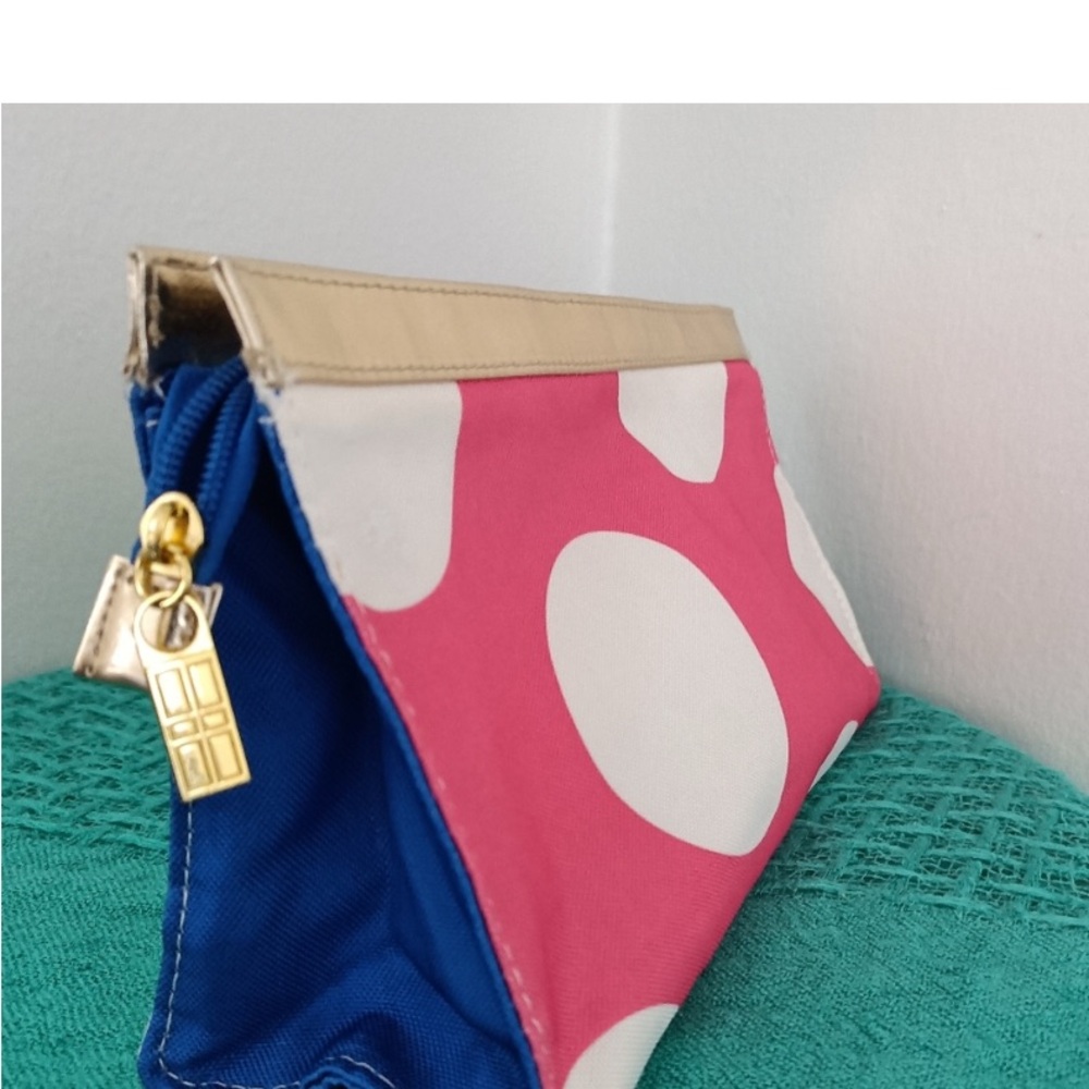 Elizabeth Arden Pink and Blue with Polka Dot Cosmetic Pouch with Gold Trim